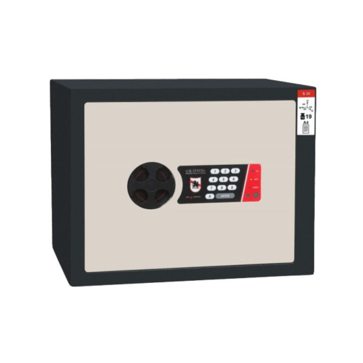 Fekete-fehér biztonsági széf elektronikus zárral, 380x300x330 mm